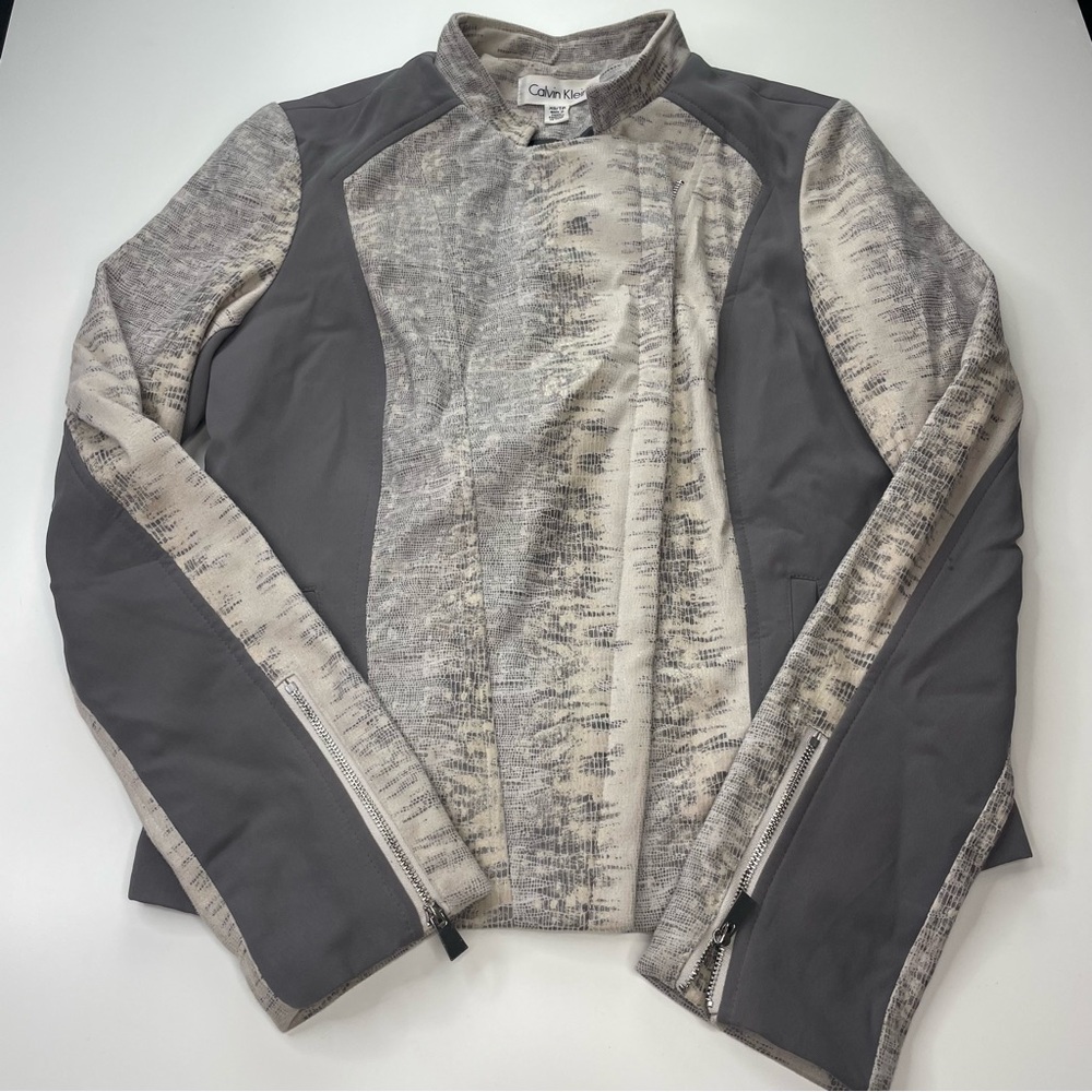 Calvin Klein Gray and Cream Snakeskin Pattern Moto‎ Womens Jacket XS